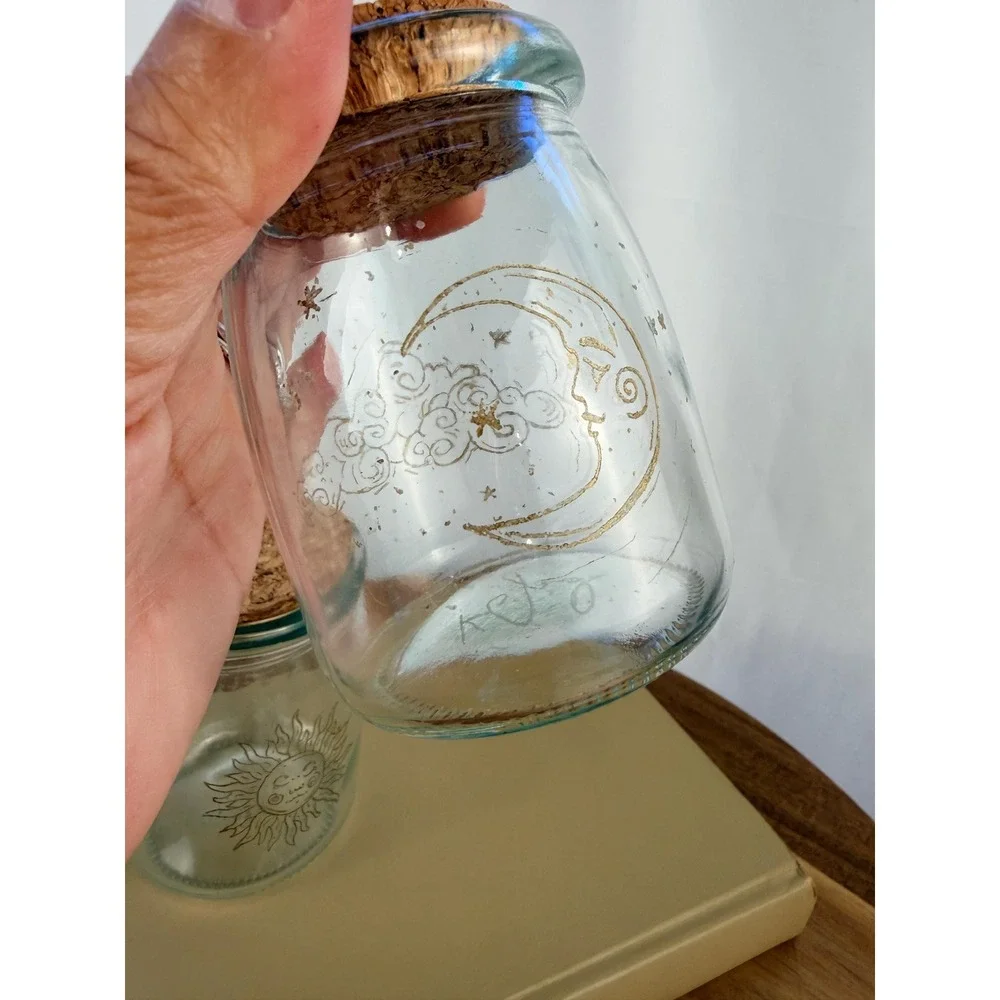 Set of 2 Hand Etched Celestial Glass Jars Cork Lids Sun Moon Apothecary Bottles